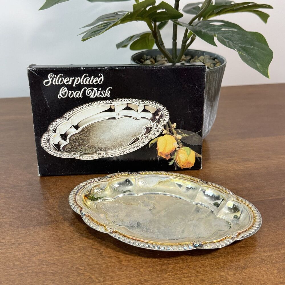 Vintage Silverplated Oval Dish Tray Made in Japan Decorative Edge Candy Nut